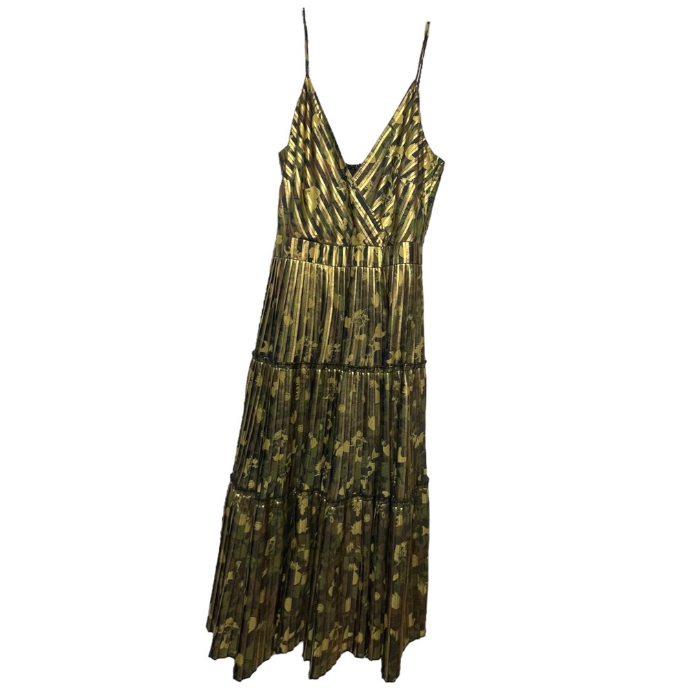 Nicole Miller Camouflage Green Flower Pleated Spaghetti Strap Maxi Dress